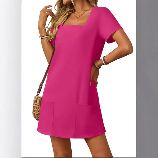 Damen Lässiges Sommerkleid mit Quadrat-Ausschnitt und praktischen Taschen EB