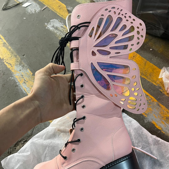 Damen Schnürstiefel mit modischem Schmetterlingsdesign und hohem Plateau EB