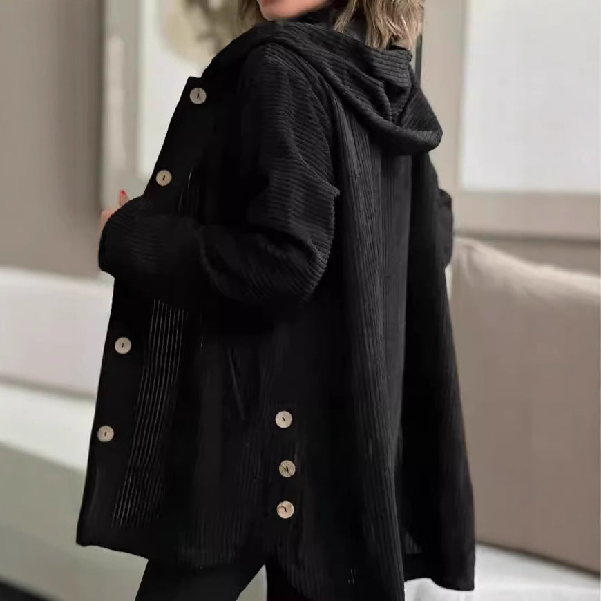 Damen Fleece-Hoodie-Mantel mit Knopfleiste und geripptem Design EB