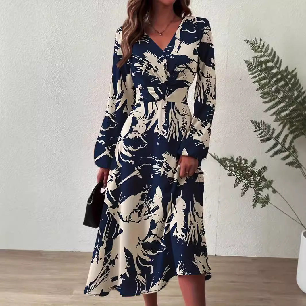 Damen Midi-Kleid mit floralen Details und schickem V-Ausschnitt EB