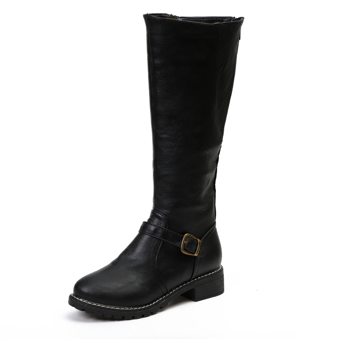 Damen modische kniehohe Stiefel mit dekorativem Riemen und komfortablem Absatz EB