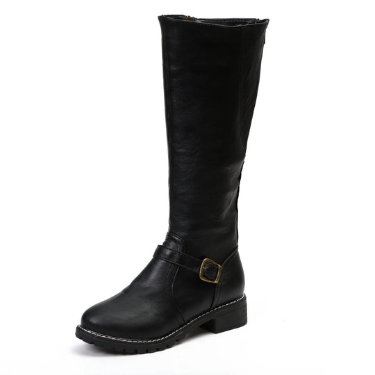 Damen modische kniehohe Stiefel mit dekorativem Riemen und komfortablem Absatz EB