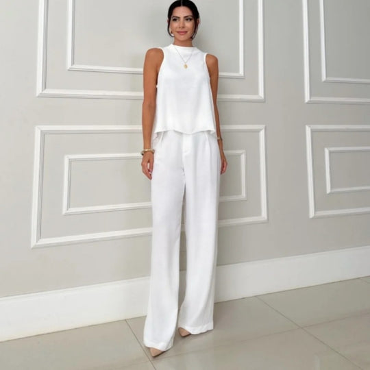 Damen elegantes Set aus lässigem Oberteil und hochsitztender Hose EB