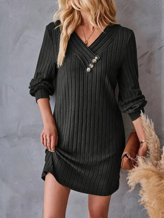 Damen Röhrenkleid mit elegantem V-Ausschnitt und dekorativen Knöpfen EB
