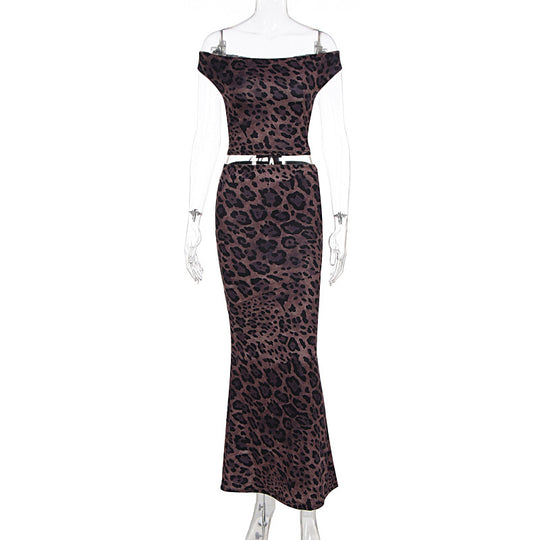 Damen Elegantes Maxikleid mit schulterfreiem Design und Leopardenmuster EB