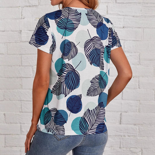 Damen Kurzarm-T-Shirt mit modernem Blattdruck EB