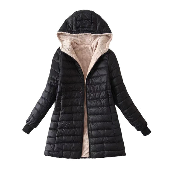 Damen Taillierter Steppmantel mit Teddyfutter und Kapuze EB