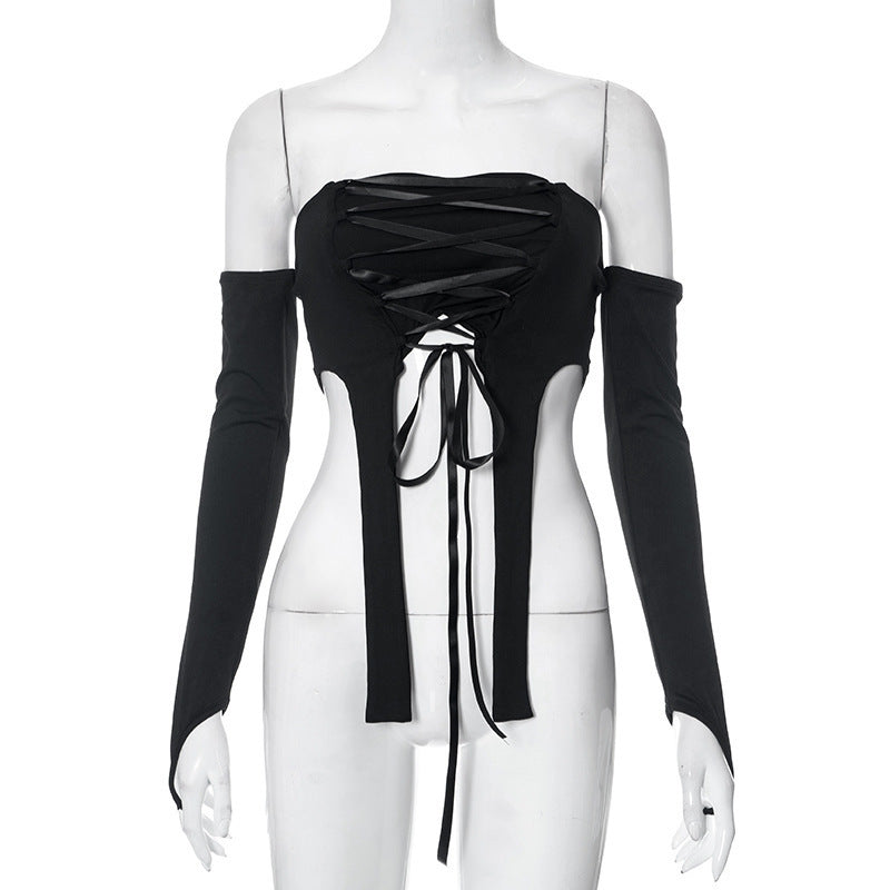 Damen elastisches Off-Shoulder Top mit aufwendiger Schnürung EB