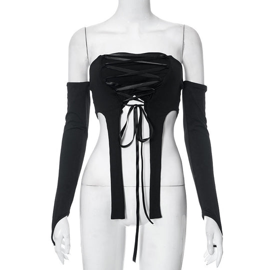 Damen elastisches Off-Shoulder Top mit aufwendiger Schnürung EB
