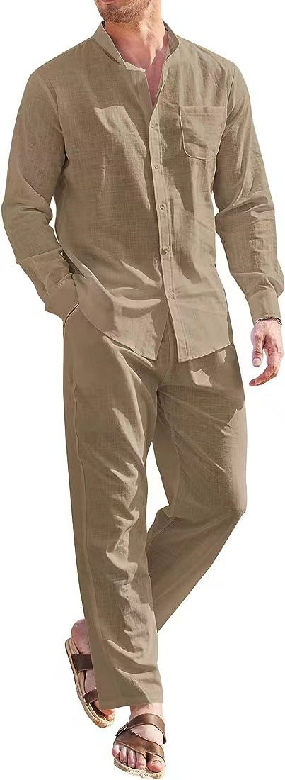 Herren lässiges Leinenanzugset mit offenem Kragen und seitlichen Taschen EB