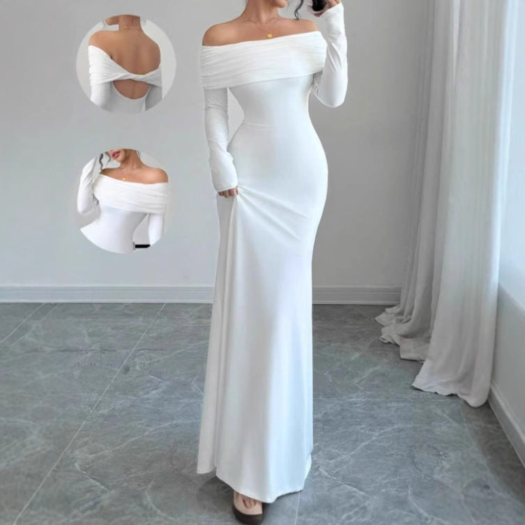 Damen Elegantes Off-Shoulder Maxikleid mit langem Arm und drapiertem Oberteil EB