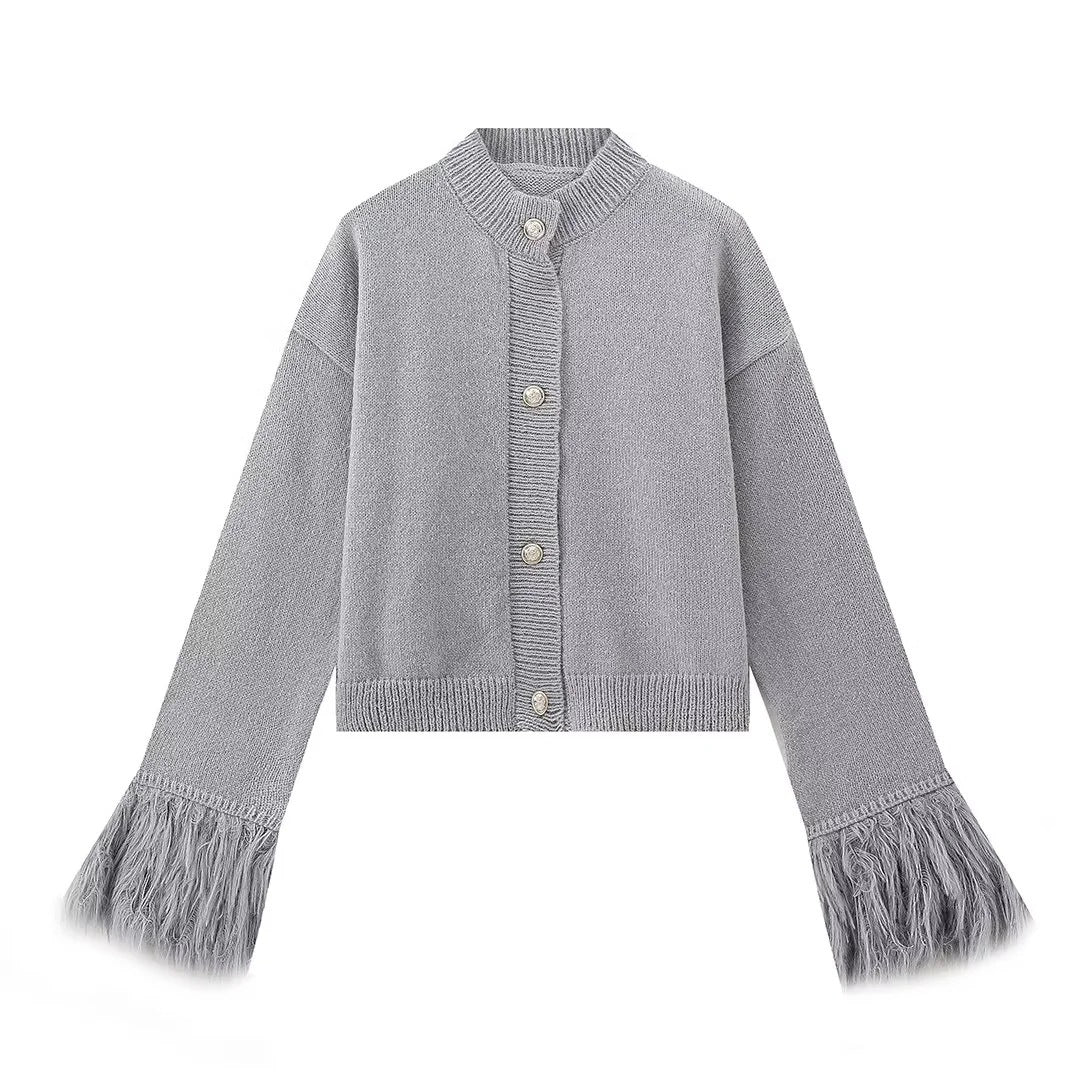 Damen lässige Strickjacke mit dekorativen Fransen und hochwertigen Knöpfen EB