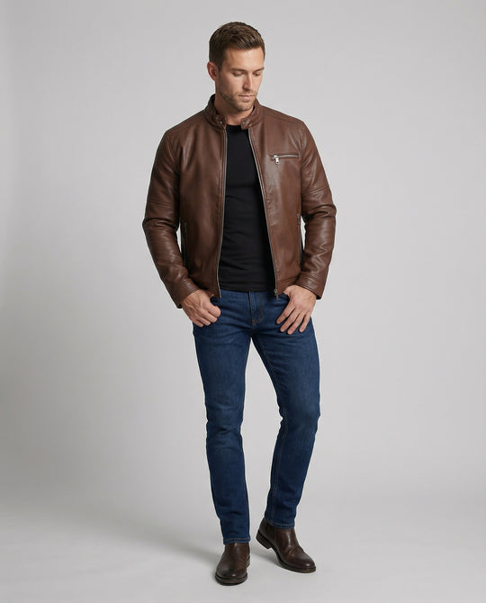 Herren moderne Kunstlederjacke mit Reißverschlüssen EB