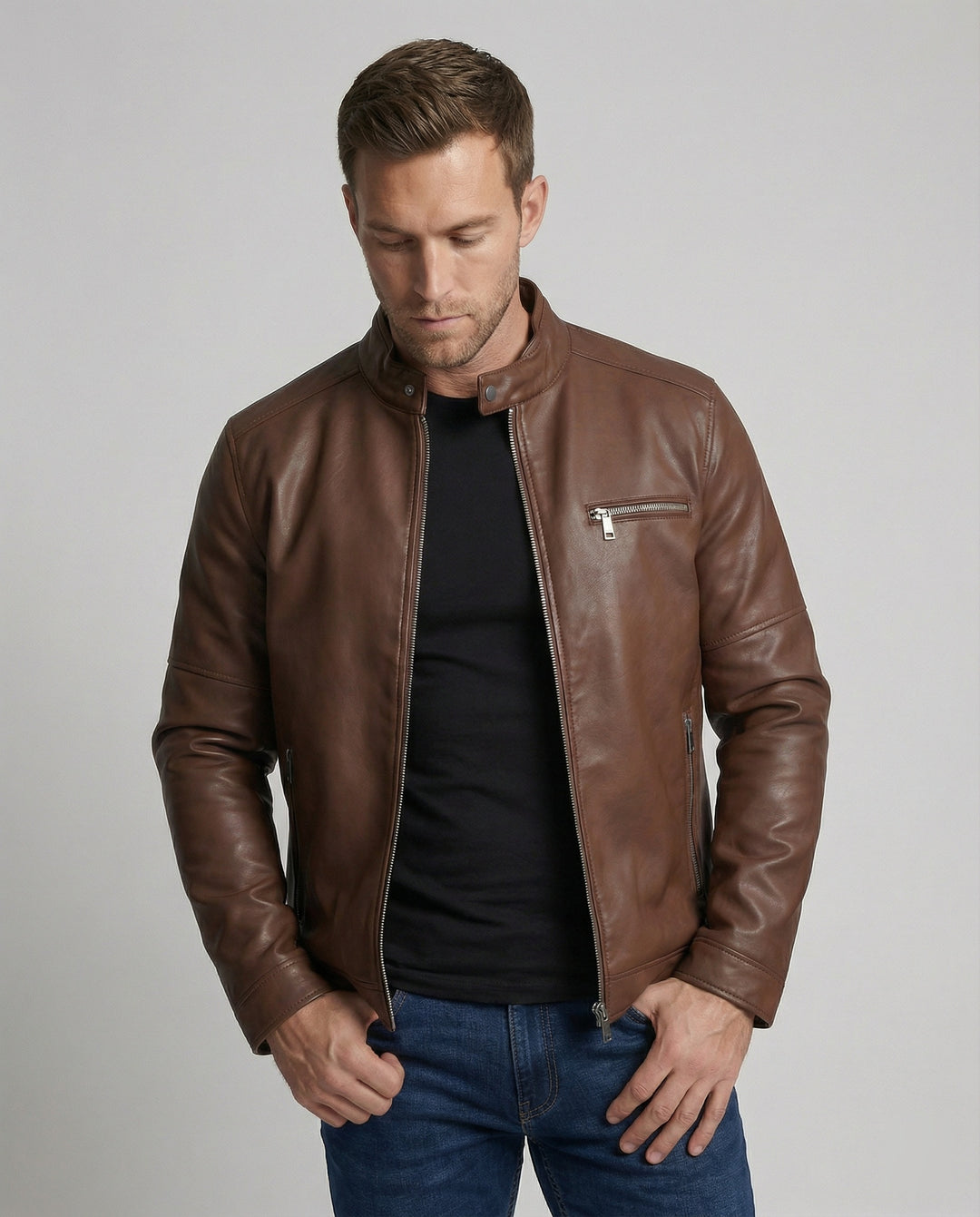 Herren moderne Kunstlederjacke mit Reißverschlüssen EB