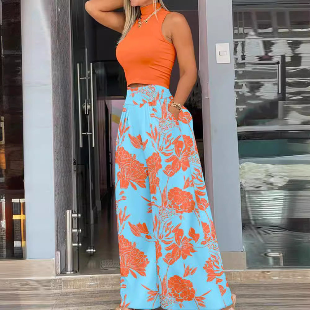 Damen angesagtes Outfit mit ärmellosem Oberteil und weitem Rock EB