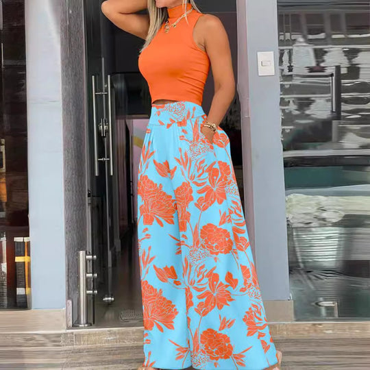 Damen angesagtes Outfit mit ärmellosem Oberteil und weitem Rock EB