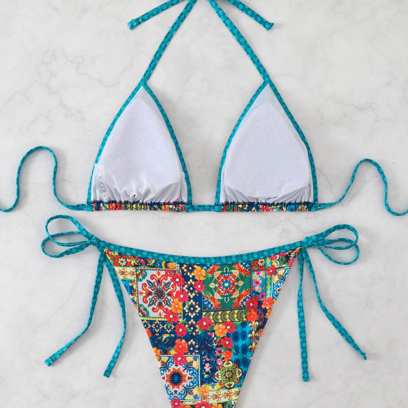 Damen Triangel-Bikini mit bunten Zierstichen und verstellbaren Bindebändern EB