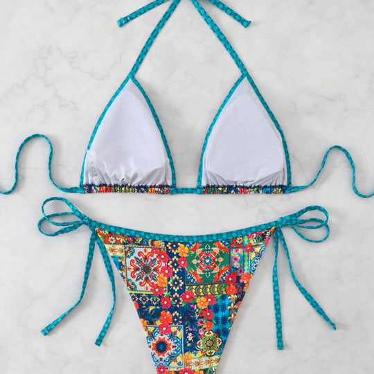 Damen Triangel-Bikini mit bunten Zierstichen und verstellbaren Bindebändern EB