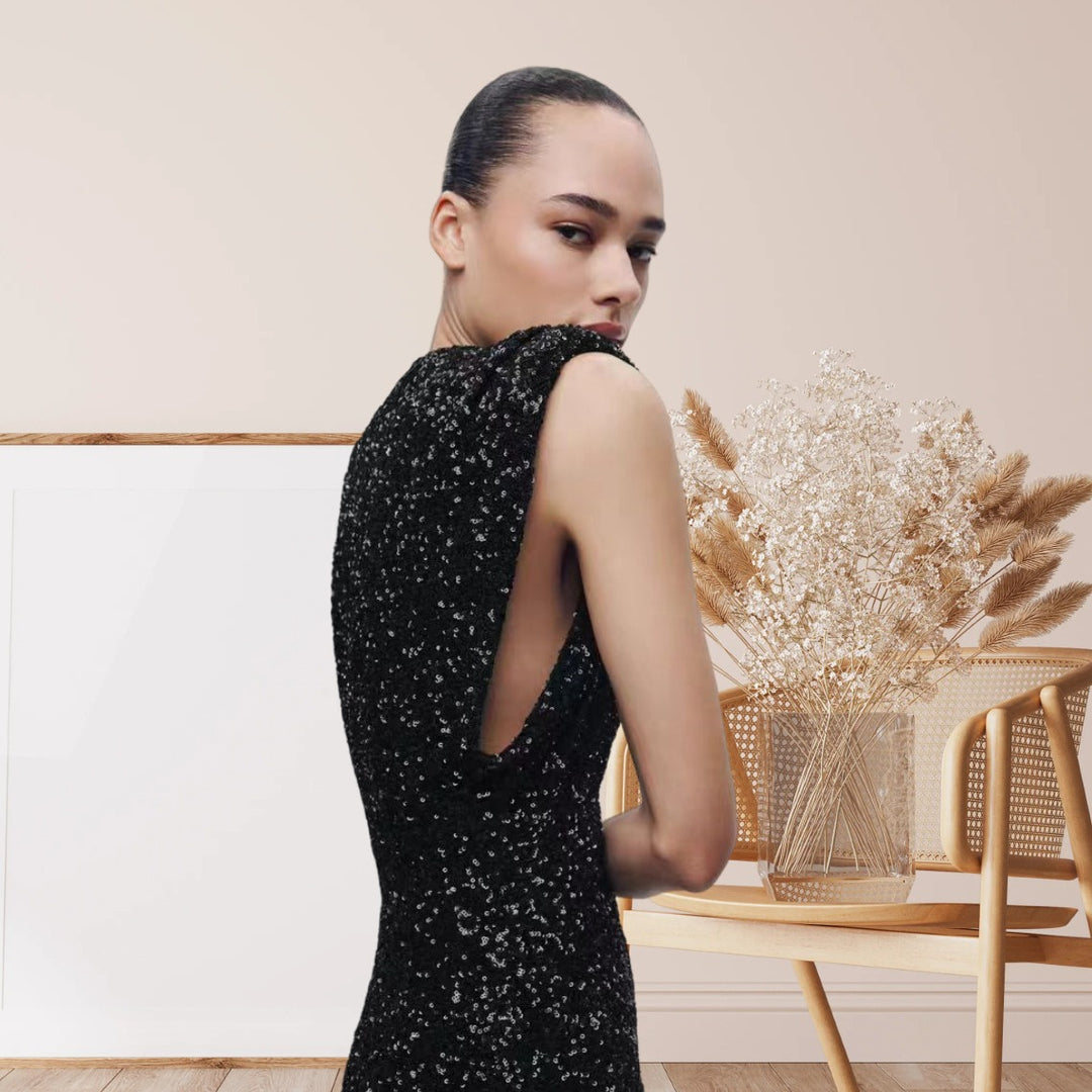 Damen Elegantes Cocktailkleid mit funkelndem Paillettendesign und hochgeschlossenem Stehkragen EB