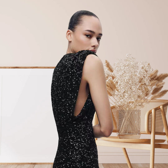 Damen Elegantes Cocktailkleid mit funkelndem Paillettendesign und hochgeschlossenem Stehkragen EB