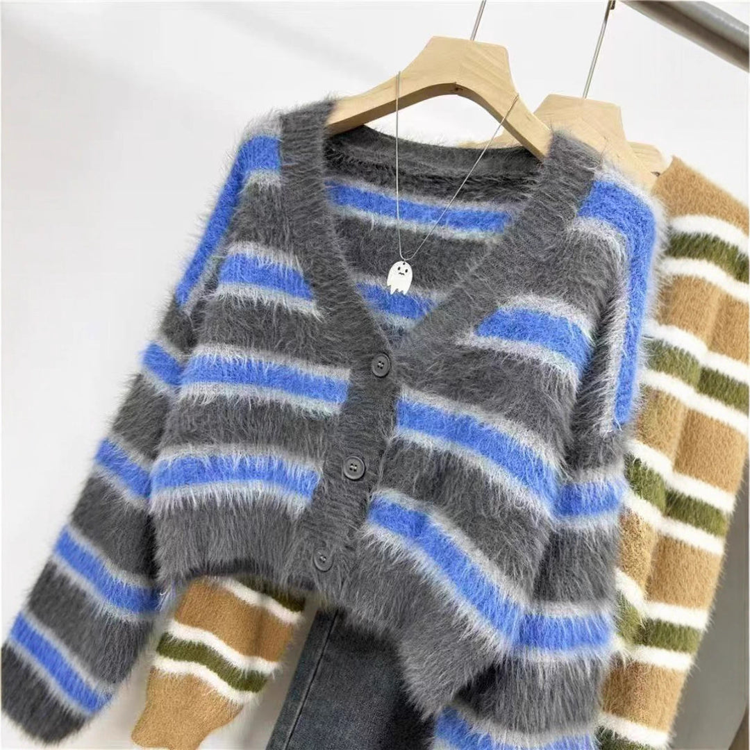 Damen lässiger Crop-Cardigan mit strukturiertem Streifenmuster und Knopfdetails EB
