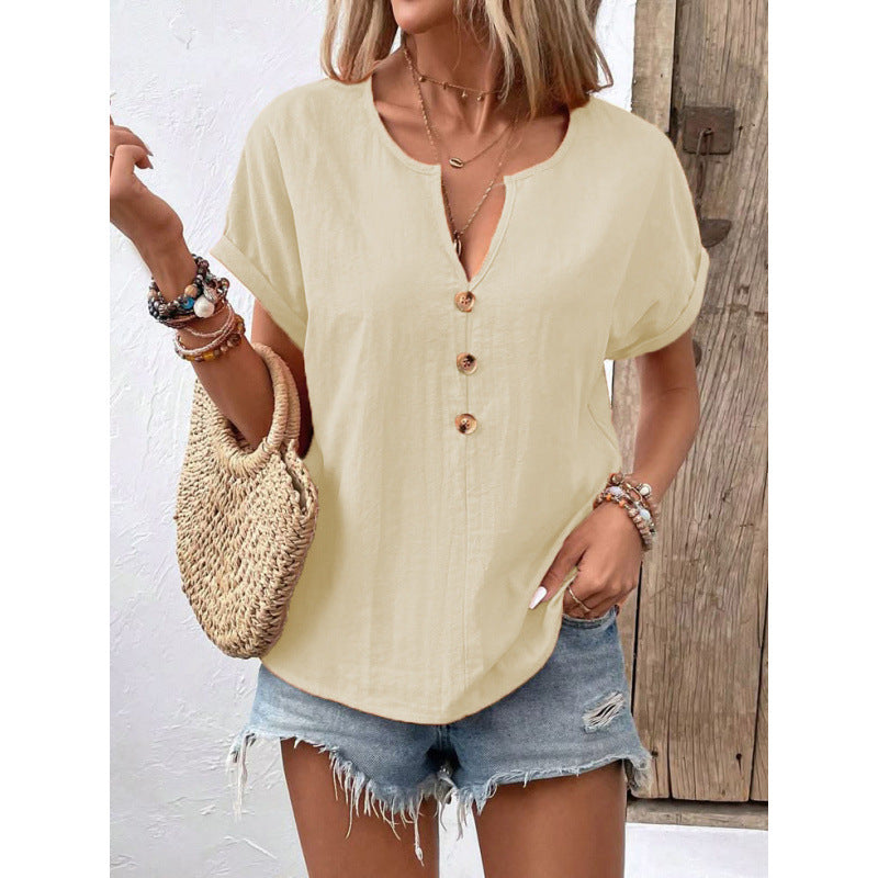 Damen lässige Bluse mit Knopfleiste und rundem Ausschnitt EB