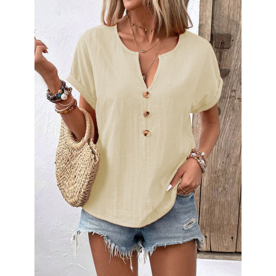 Damen lässige Bluse mit Knopfleiste und rundem Ausschnitt EB