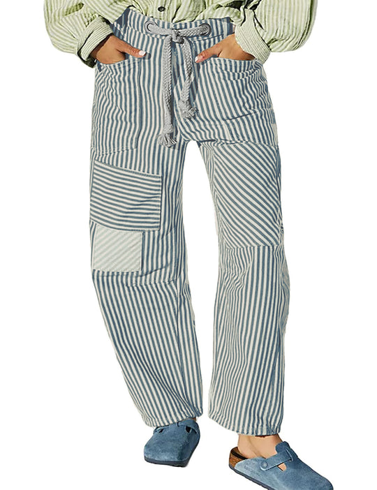 Damen nan lässige gestreifte Leinenhose mit Kordelzug und aufgesetzten Taschen EB