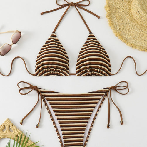 Damen Triangel-Bikini mit verstellbaren Bindebändern und verspieltem Streifenmuster EB