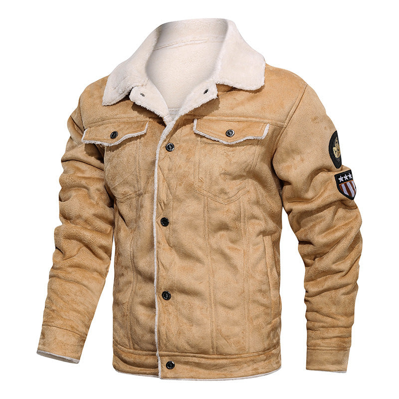 Herren Lammfellimitat Truckerjacke mit Kunstfellfutter und Abzeichen EB