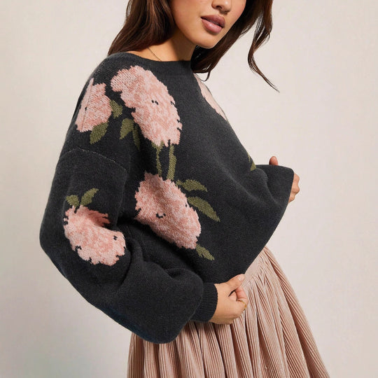 Damen Pullover mit floralem Muster und lässigem Schnitt EB