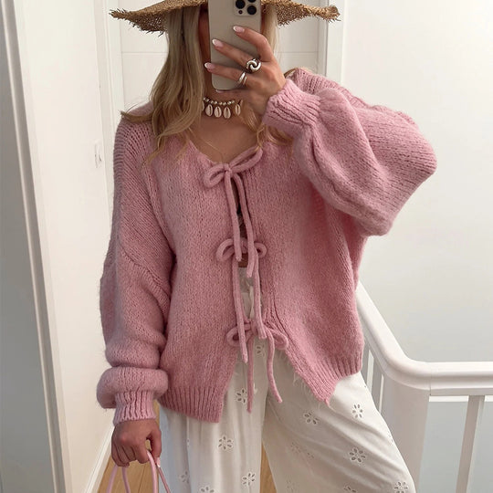 Damen Grobgestrickter Offener Cardigan mit Bindebändern, Oversize‑Silhouette und Raglanärmeln EB