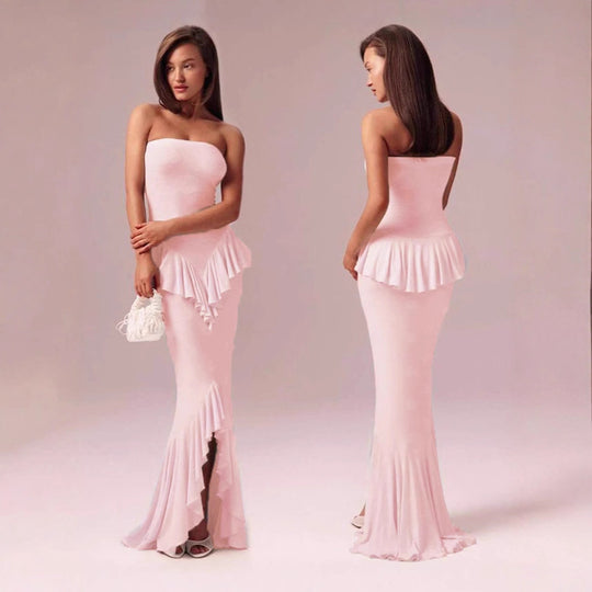 Damen Elegantes Bandeau Maxikleid mit Fransen EB