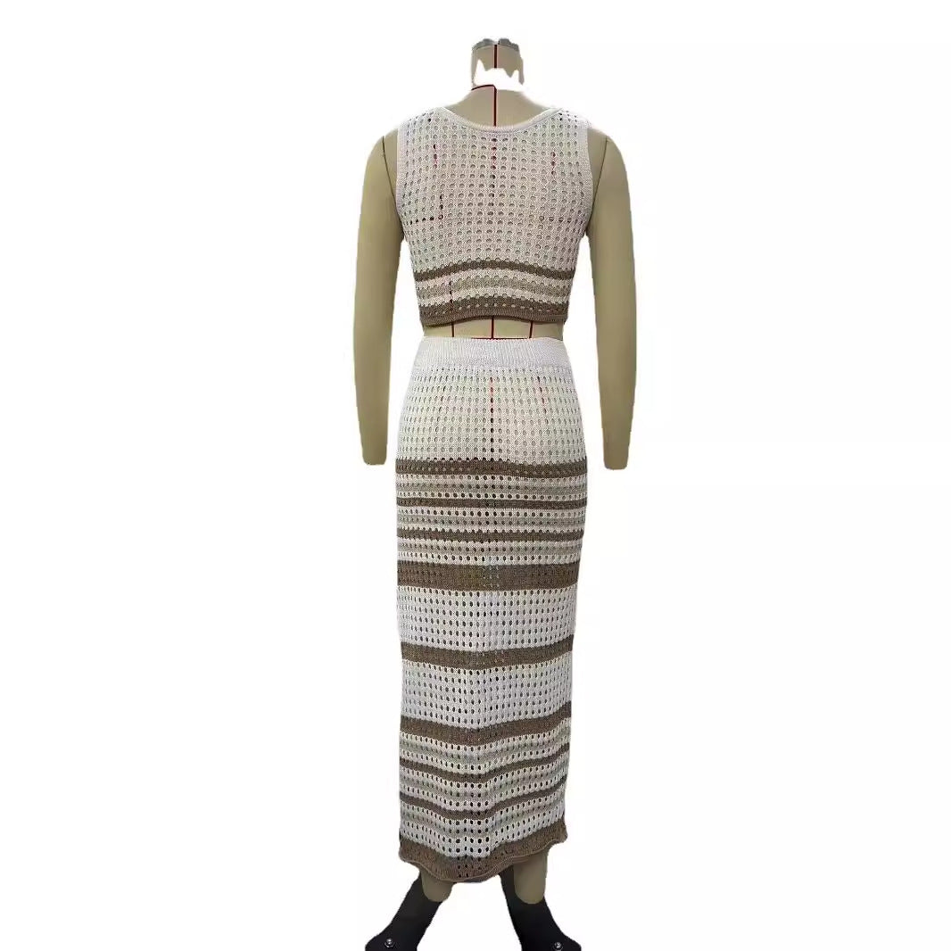 Damen elegantes gestricktes Zweiteiler-Set mit geometrischem Lochdesign EB