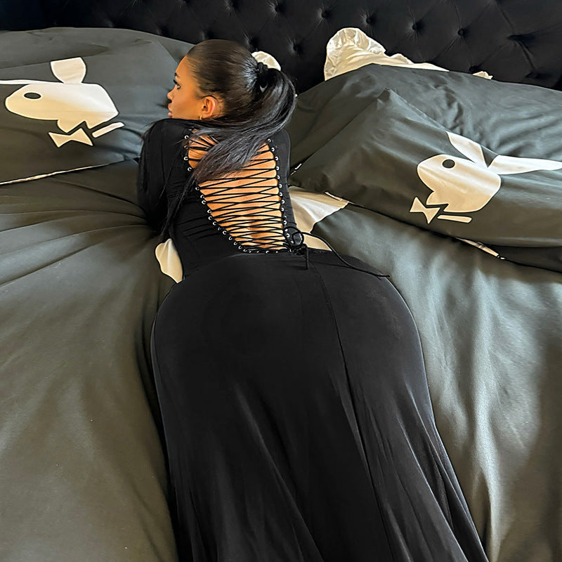 Damen Figurbetontes Maxikleid aus Stretch-Jersey mit langen Ärmeln und rundem Ausschnitt EB