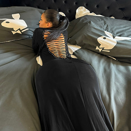 Damen Figurbetontes Maxikleid aus Stretch-Jersey mit langen Ärmeln und rundem Ausschnitt EB