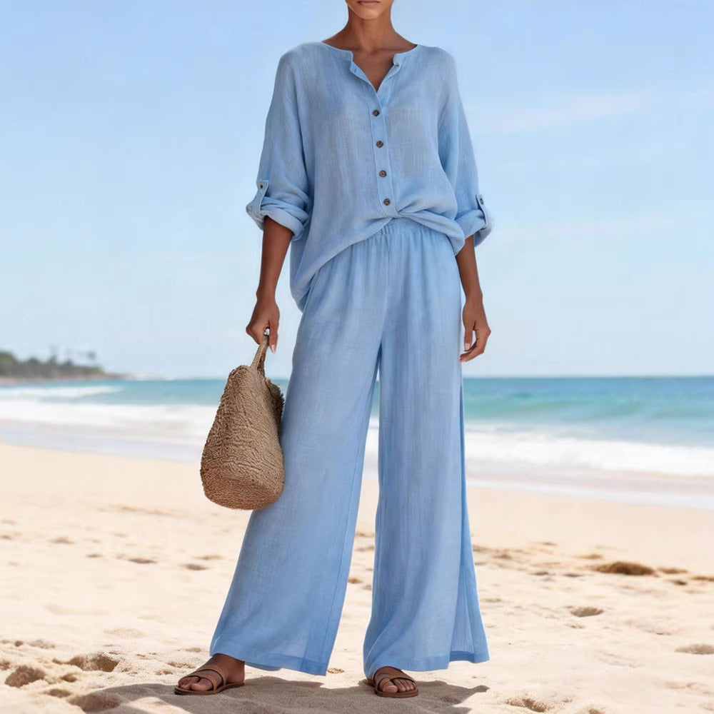 Damen Luftige Leinenbluse und weite Hose EB