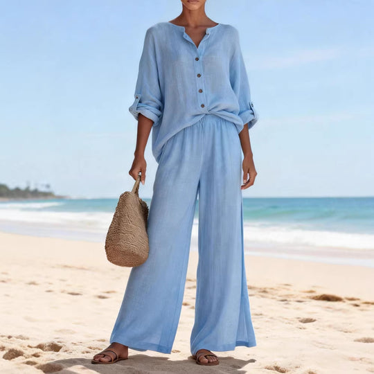 Damen Luftige Leinenbluse und weite Hose EB