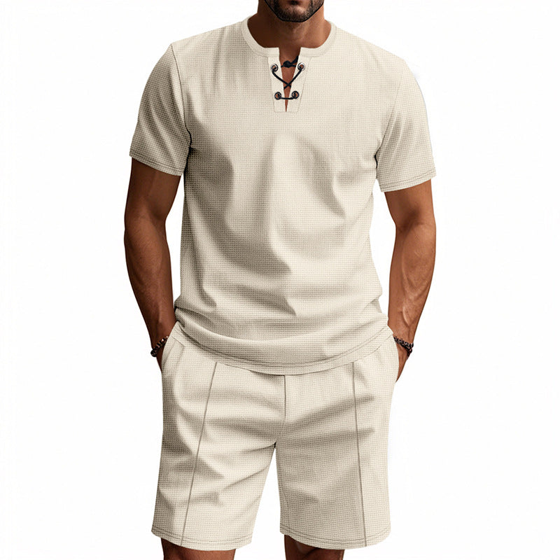 Herren nan kurzärmeliges Schnürkragen-Shirt im Waffeljersey mit Bundfalten-Bermuda EB