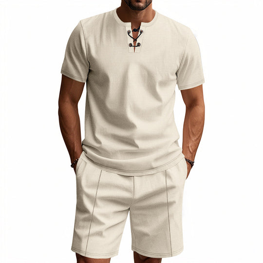 Herren nan kurzärmeliges Schnürkragen-Shirt im Waffeljersey mit Bundfalten-Bermuda EB