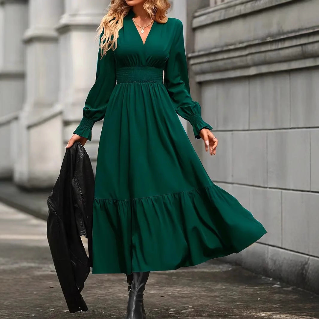 Damen Maxikleid mit elegantem V-Ausschnitt und voluminösen Ärmeln EB