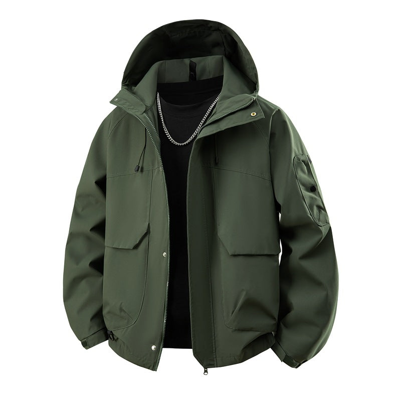Herren wasserdichter Kapuzen-Outdoorblouson mit winddichter Membran, verstellbarem Saum und multifunktionalen Taschen EB