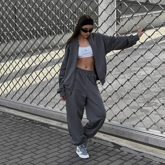 Damen Loose-Fit Freizeit-Set mit Zip-Kapuze und weitem Palazzo-Jogger EB