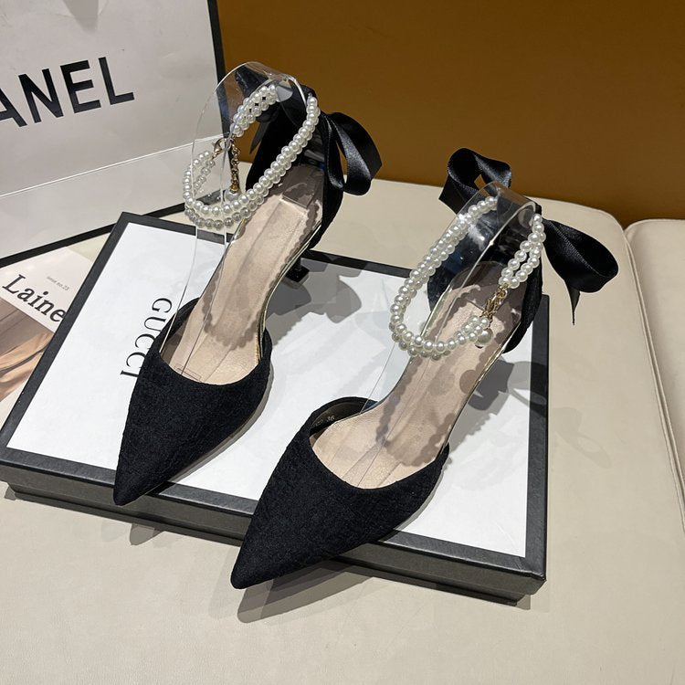 Damen schicke High Heels mit transparentem Riemen und zierlichem Perlenakzent EB