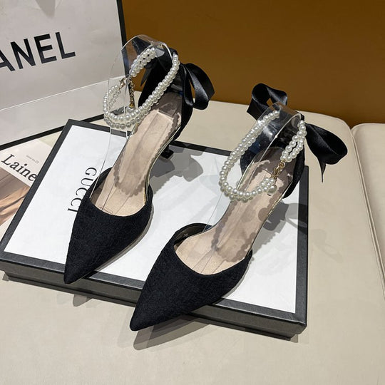 Damen schicke High Heels mit transparentem Riemen und zierlichem Perlenakzent EB
