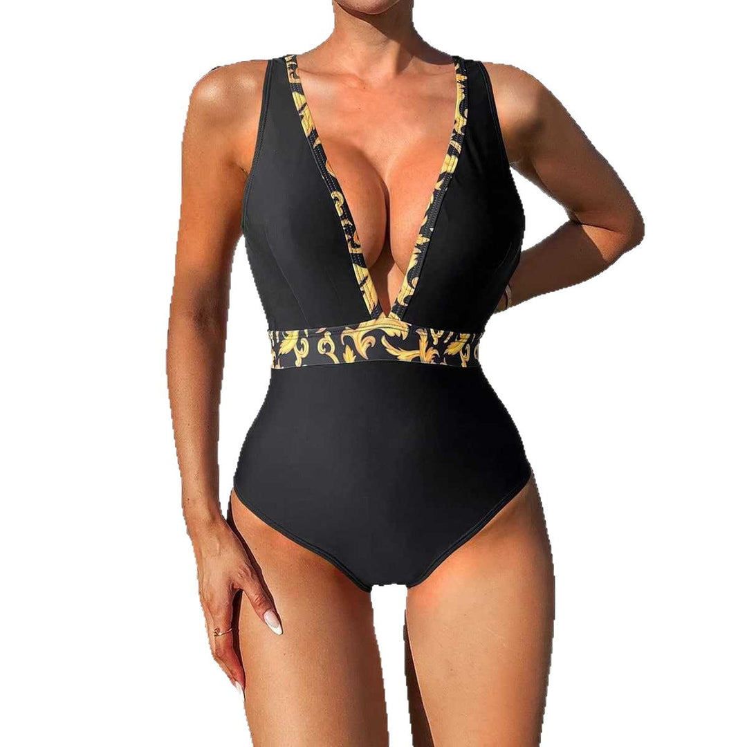 Damen Einteiliger Badeanzug mit tiefem V-Ausschnitt und eleganter Gürtel-Detail EB