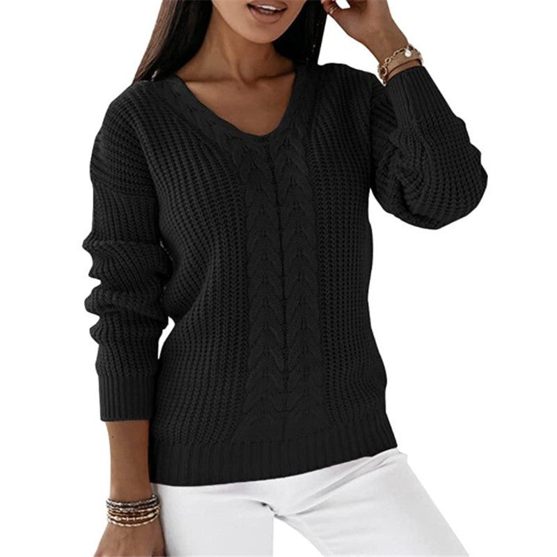 Damen nan grob gestrickter V-Ausschnitt Pullover mit Zopfmuster und lockerer Silhouette EB
