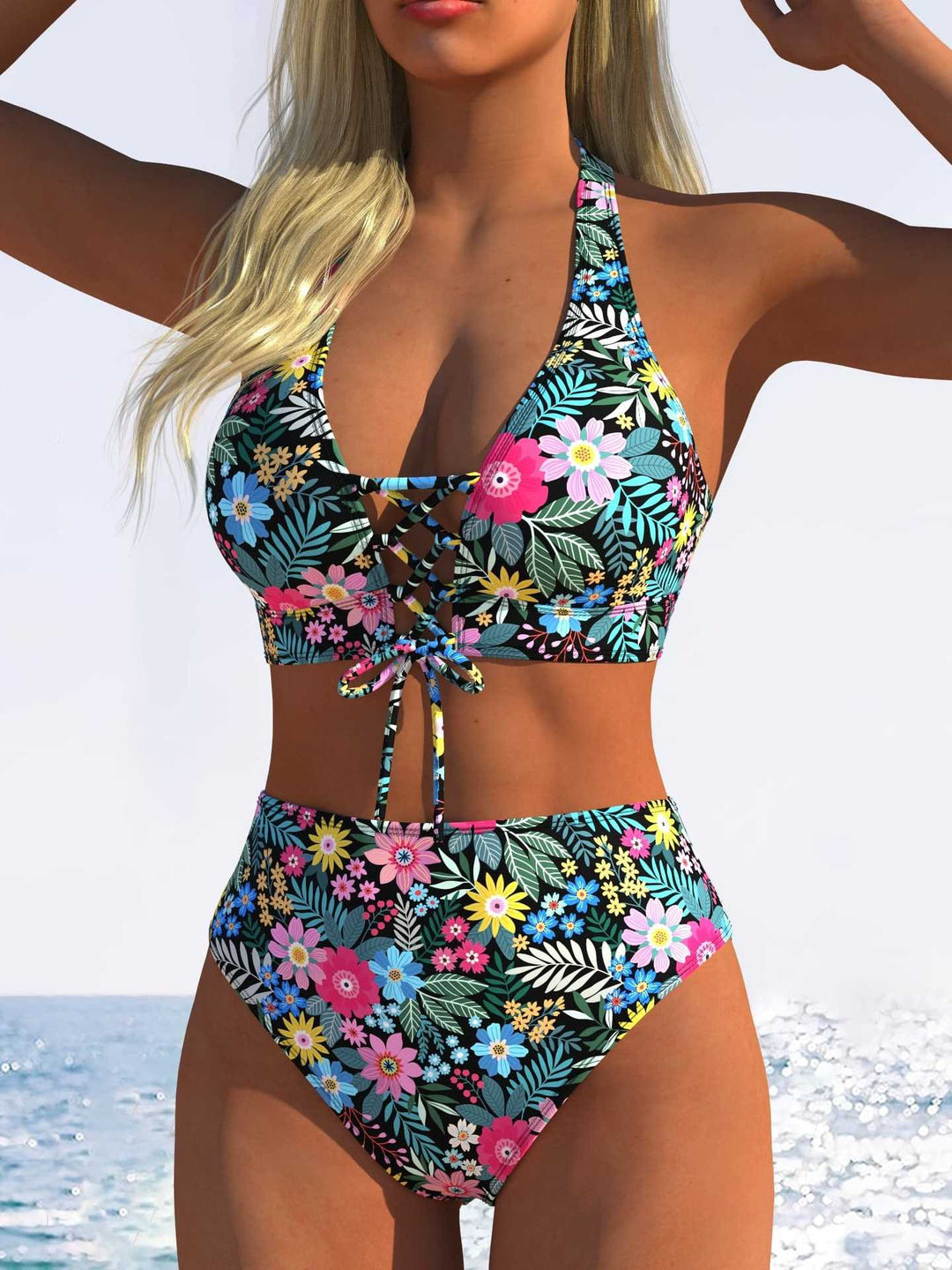 Damen Bikini-Set mit hoch tailliertem Schnitt und verspieltem Schnürdetail EB