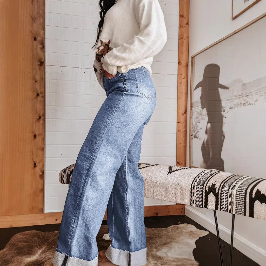 Damen weite High-Waist Jeans mit einzigartigen Kontrastnähten und lässigem Look EB