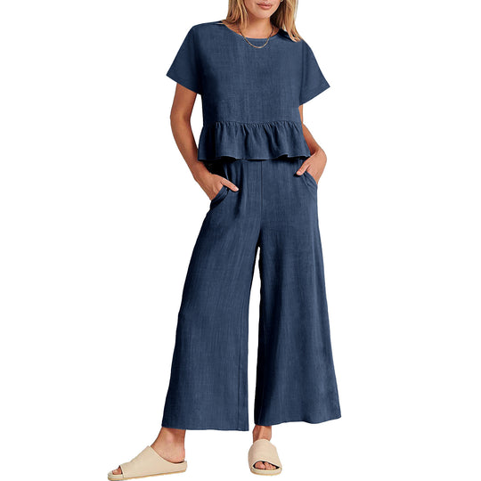 Damen Zweiteiliges Outfit mit fließendem Oberteil und weitem Hosen-Design EB